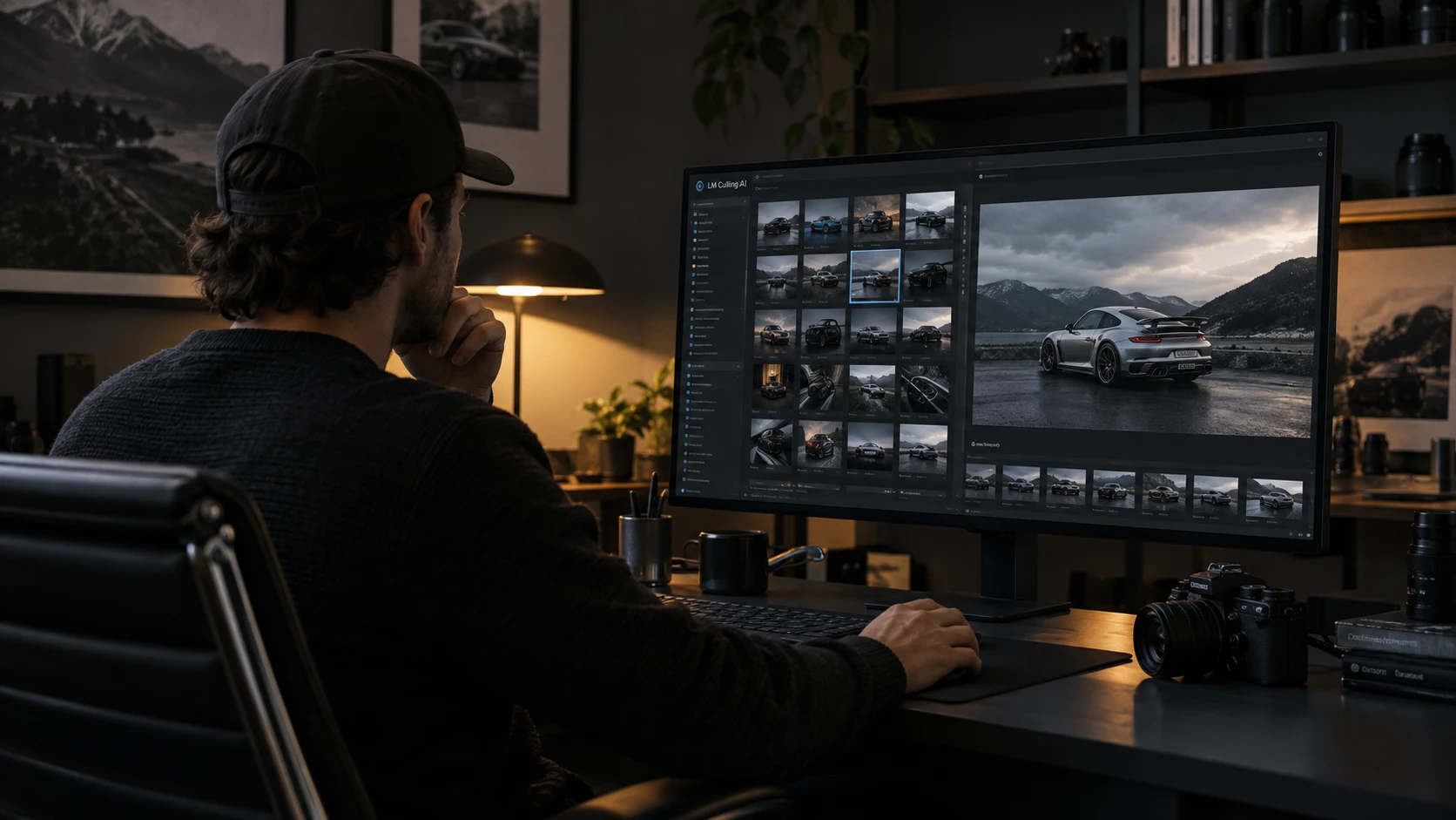Fotografo alla postazione di selezione: scena AI con interfaccia illustrativa